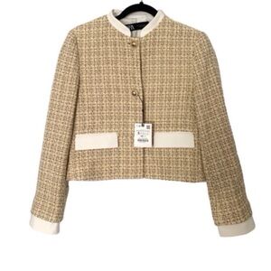 Zara Cream and Beige Tweed Cropped Blazer